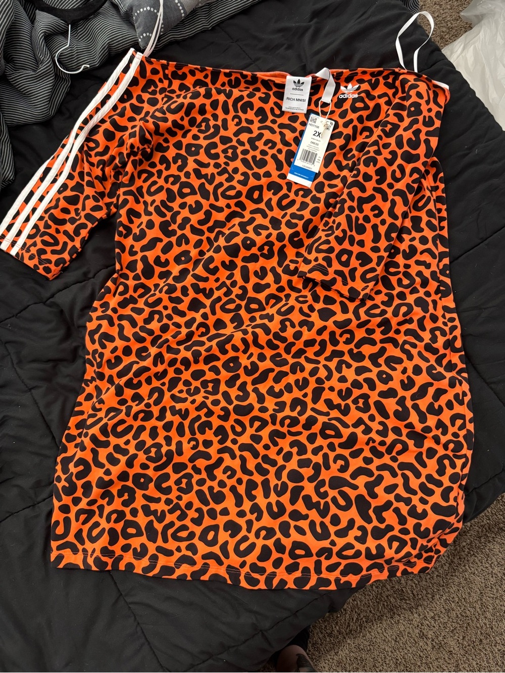 adidas Orange and Black Leopard Print Off-Shoulder Dress